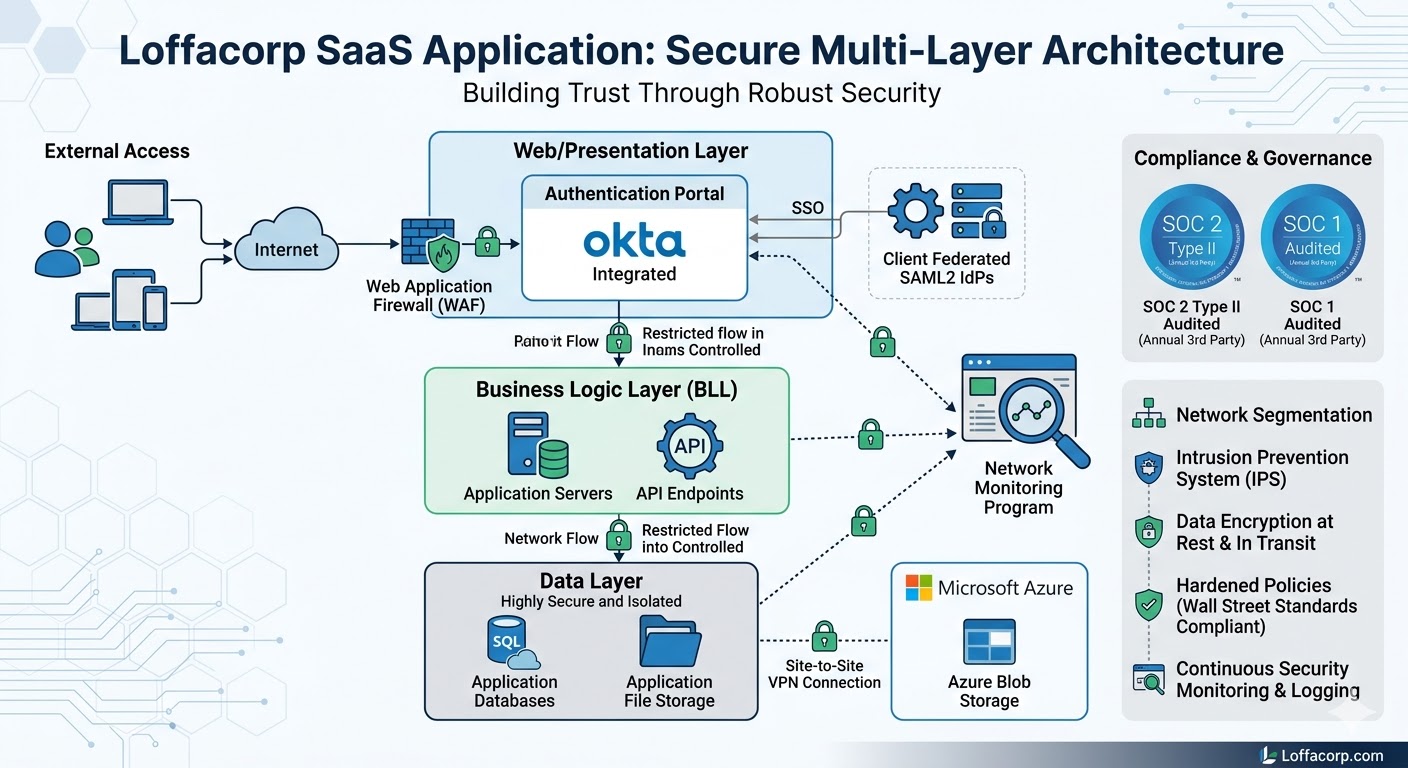 Loffa Interactive Group — multi-layer security architecture diagram