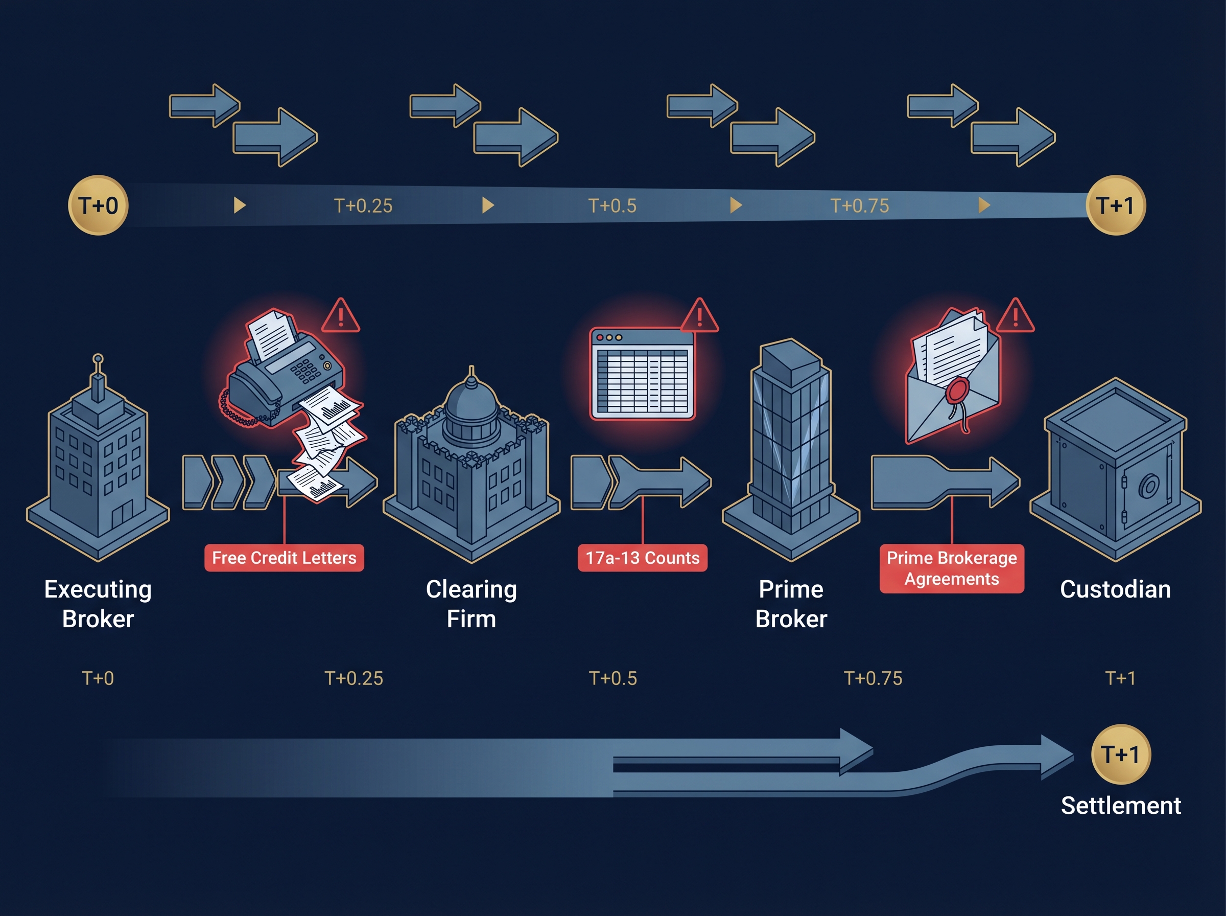 T+1 settlement timeline showing manual broker-to-broker workflow bottlenecks