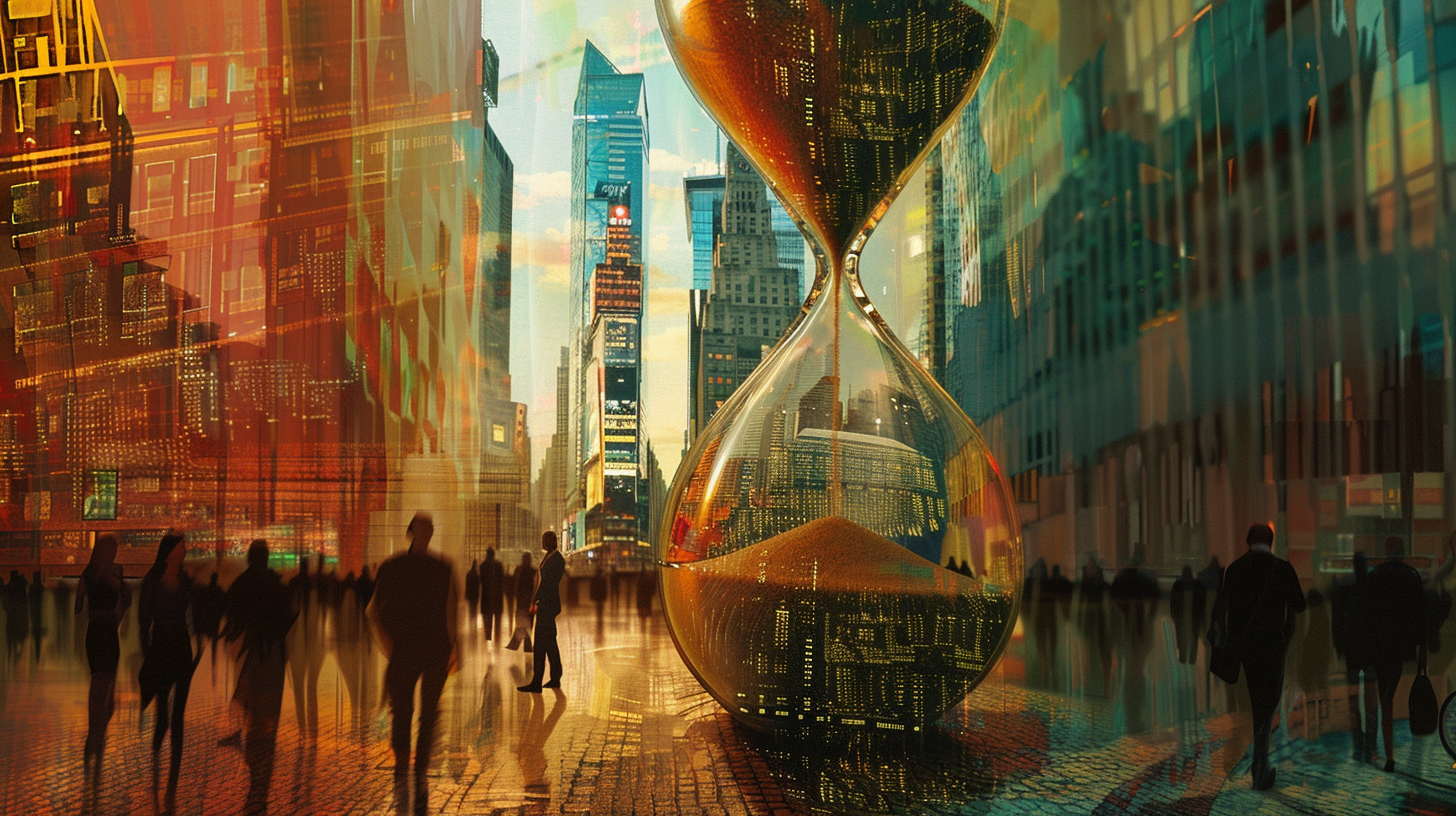hourglass set against a bustling financial district skyline