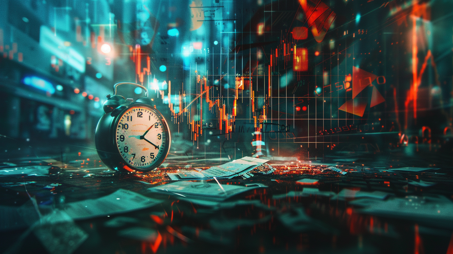 ticking clock, a rapidly fluctuating stock market chart
