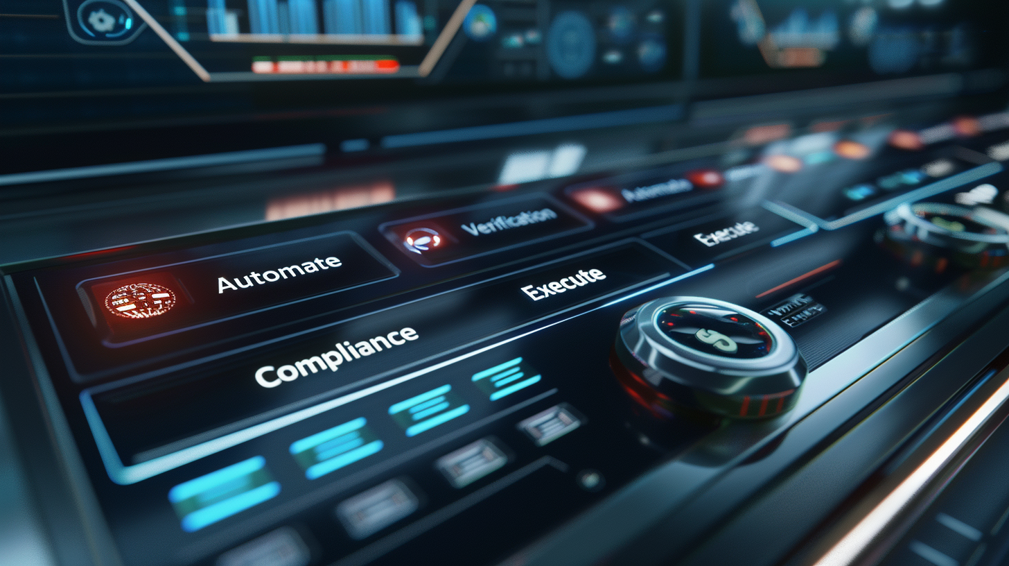 futuristic control panel with buttons labeled "Automate Verification", "Execute Trade", and "Ensure Compliance",