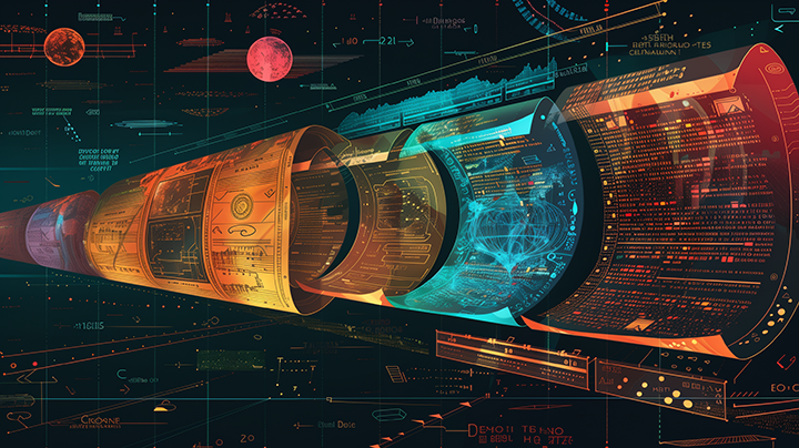 timeline stretching from ancient scrolls to future, each depicting different eras of financial data analysis