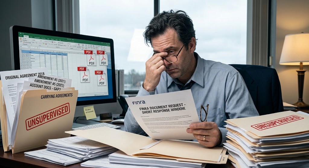 What an examiner wants to see in a carrying agreement file under FINRA Rule 4311