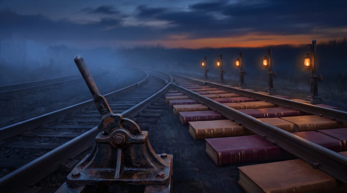 A new railway spur laid on leather-bound ledgers, branching off an old line at dusk, with signal lamps lit along it