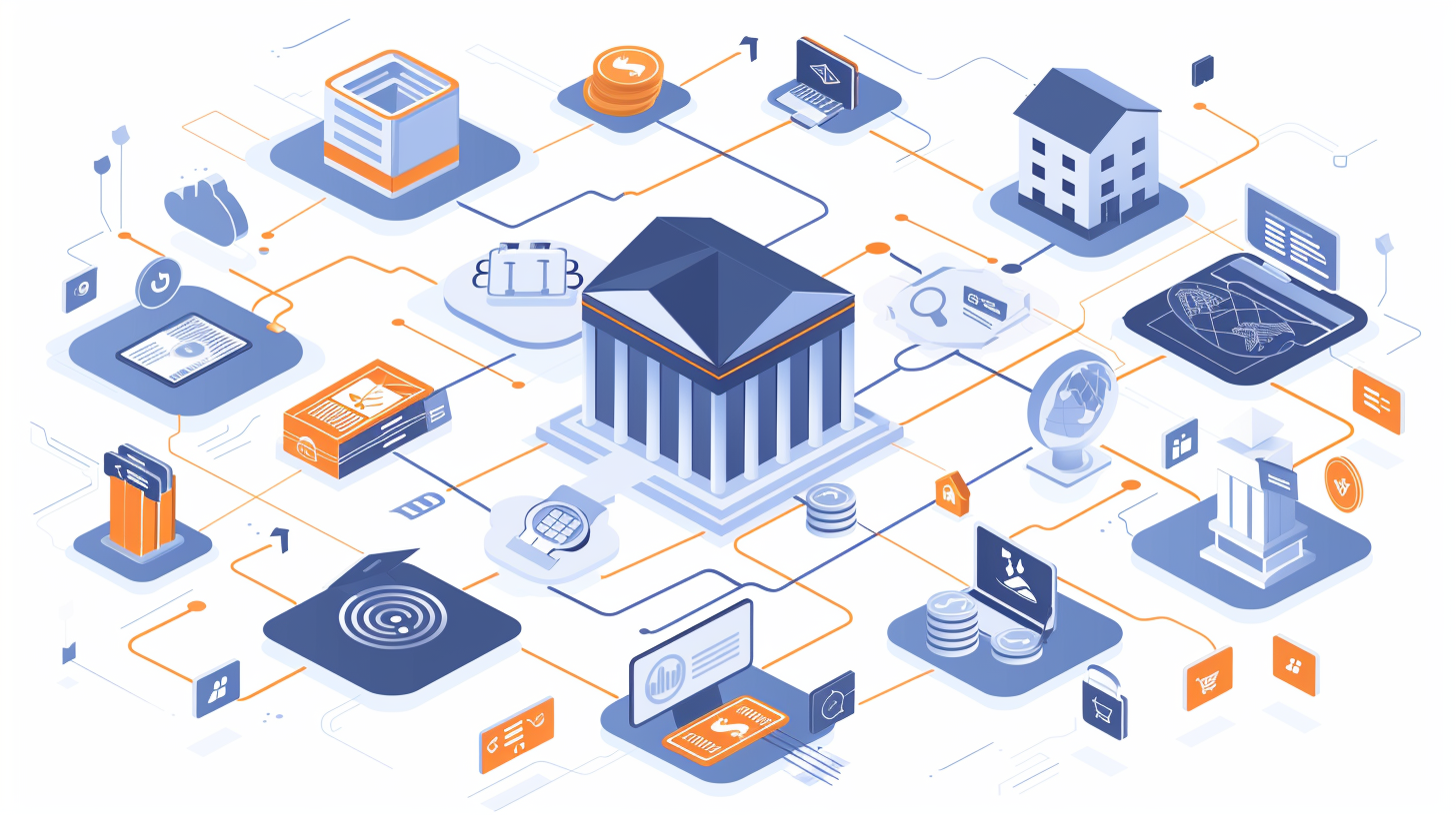 illustration of a network connecting various financial services icons like securities lending, leverage, and custody services, all converging into a central prime brokerage hub
