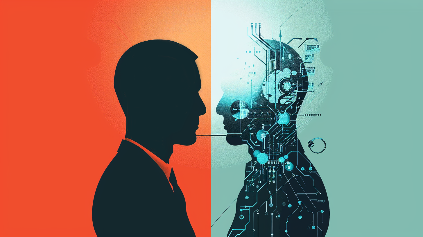 automated technology at work and the other displaying human professionals strategizing,