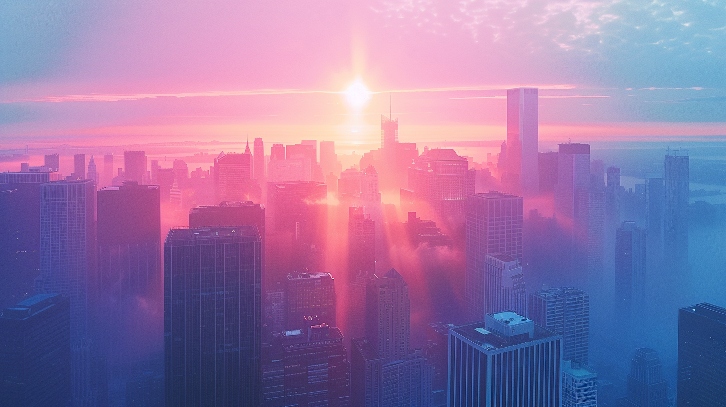 serene image of a digital sunrise over the financial district
