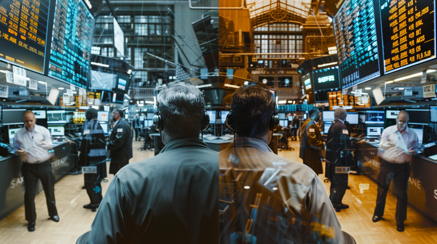A split screen showing two distinct trading floors