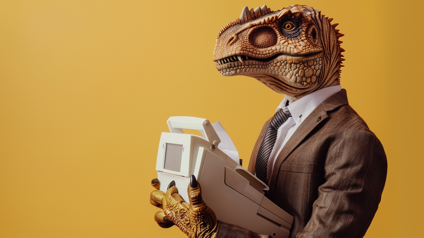 dinosaur wearing a suit and tie, using a fax machine
