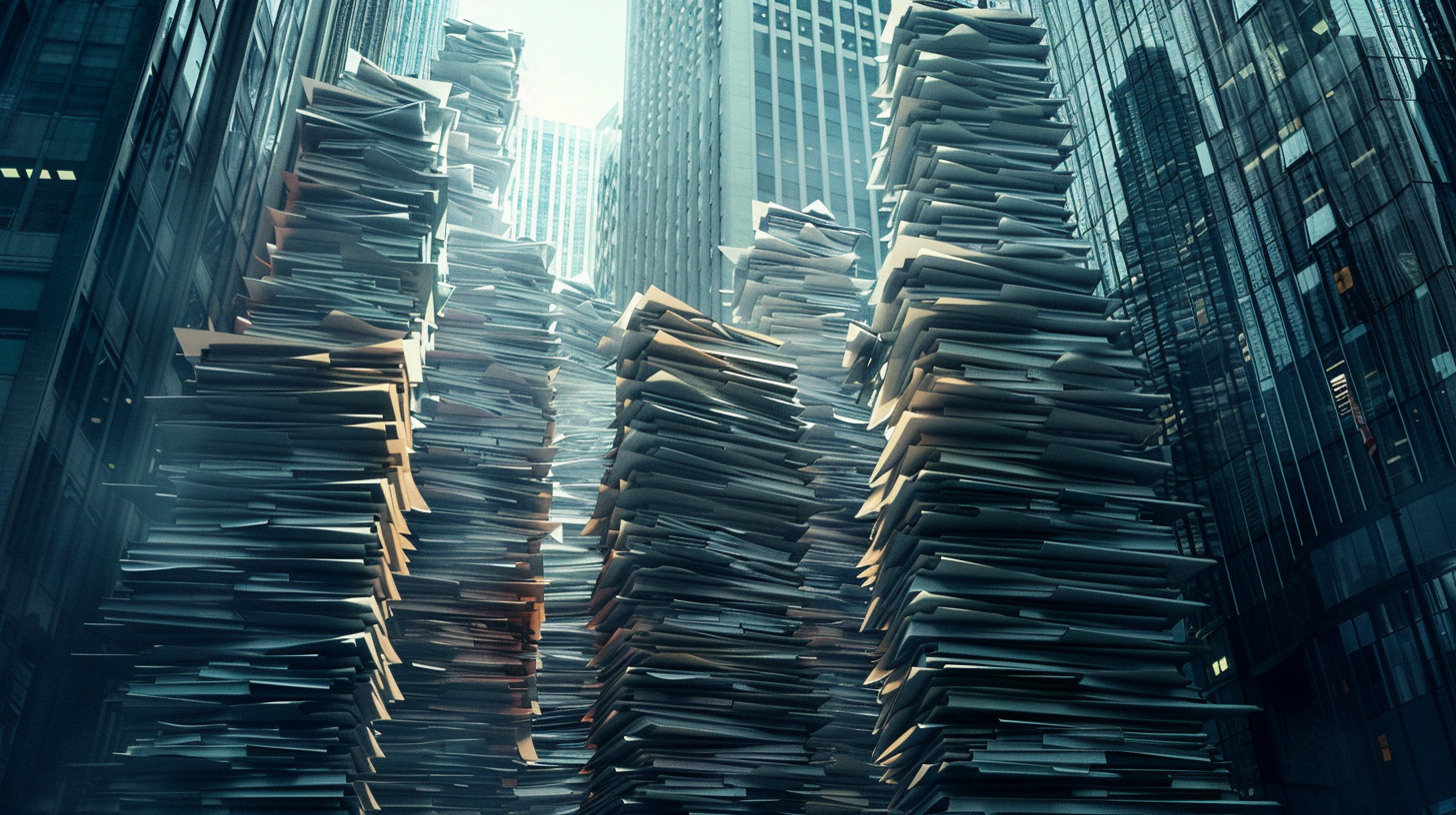 Stacks of faxed documents piled high